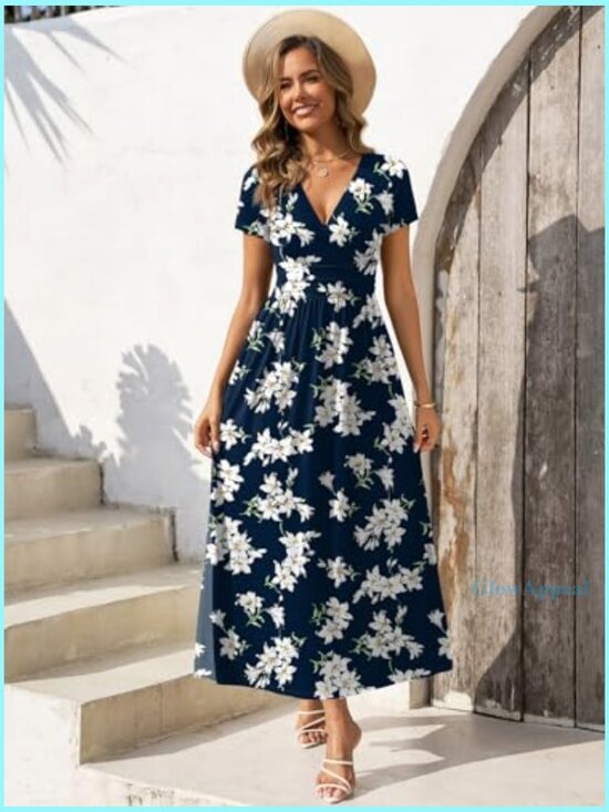 Short Sleeve Maxi Dress with V Neck Pockets Casual Summer Sundress - Picture 3 of 7